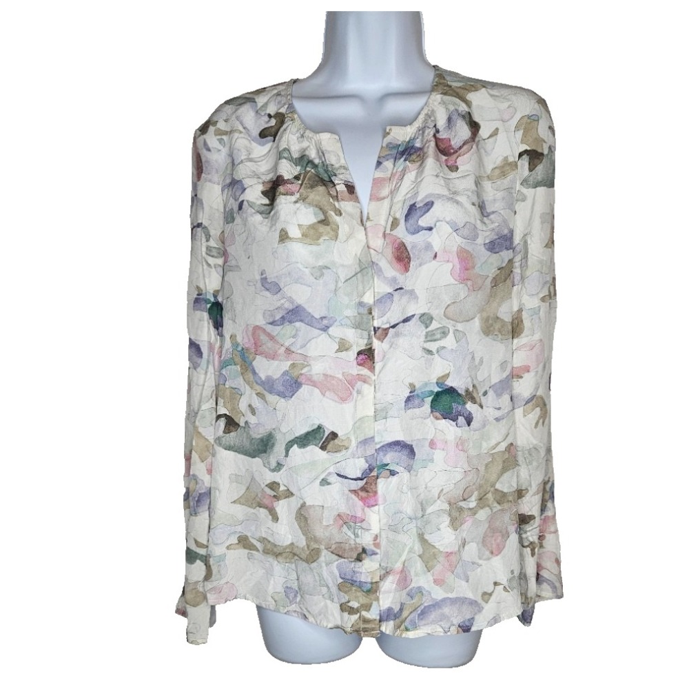 Ecru Womens L 100% Silk Watercolor Floral Blouse Boho Romantic Quiet Luxury